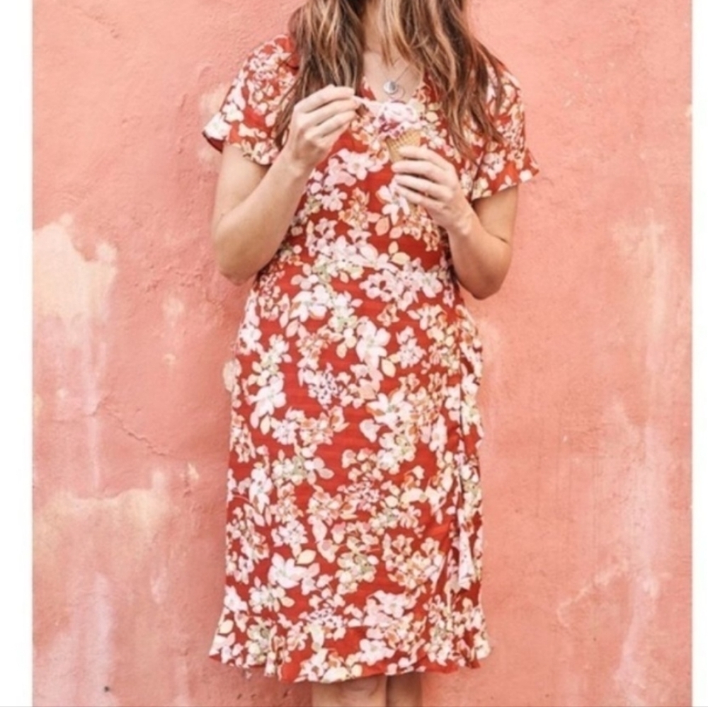 JJill floral Print Cottage Core Flutter Sleeve Wrap Vacation Knee Dress XLP